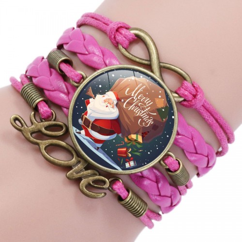 Розовый кожаный браслет с новогодним Санта Клаусом