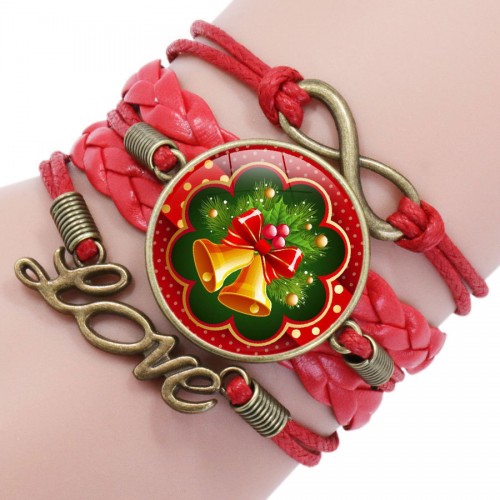Красный кожаный браслет с рождественскими колокольчиками