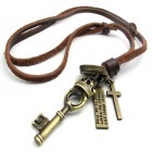 Кулон в виде ключа с королевской короной на кожаном коричневом шнурке